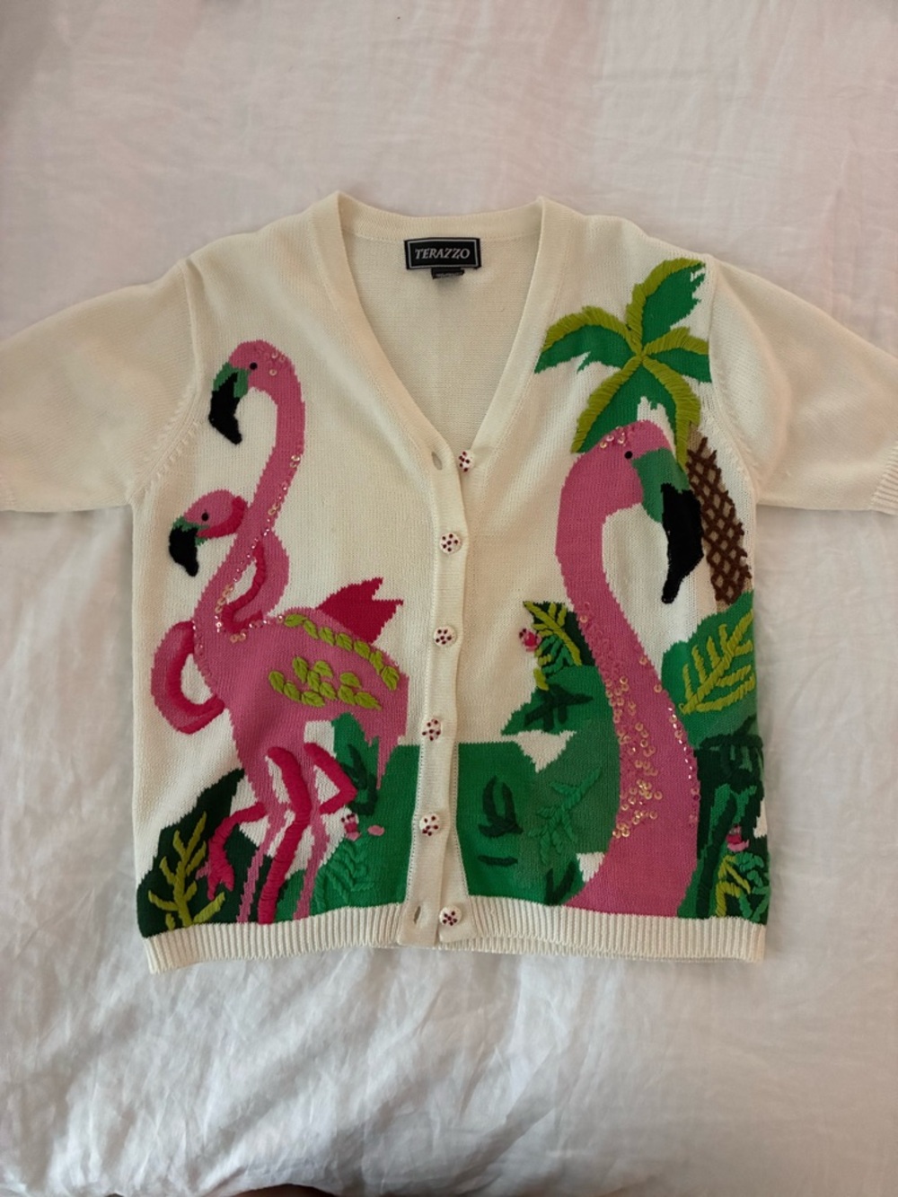 Terazz0 Pink Flamingo V-Neck Cardigan Sweater